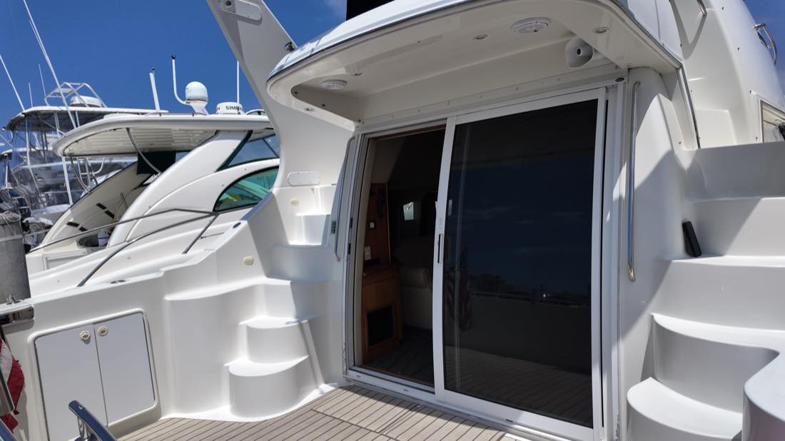Aft deck and swim platform access aboard Can't Sea Me
